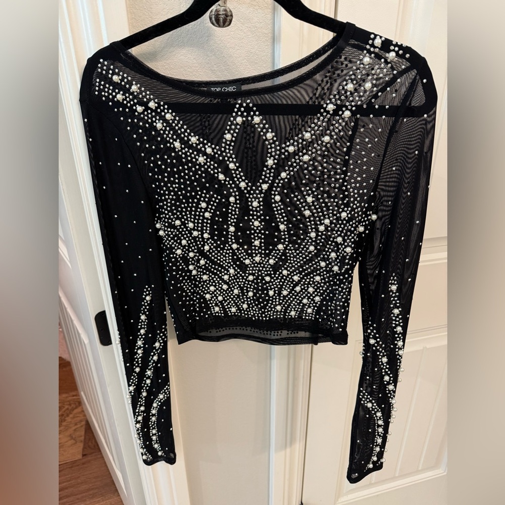 Chic Black and White Beaded Blouse
